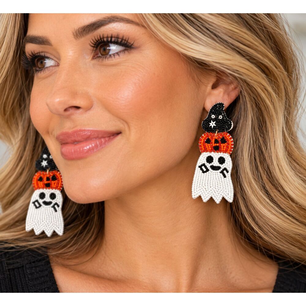 Halloween Pumpkin Ghost Seed Bead Sequin Statement Earrings Black White NWT